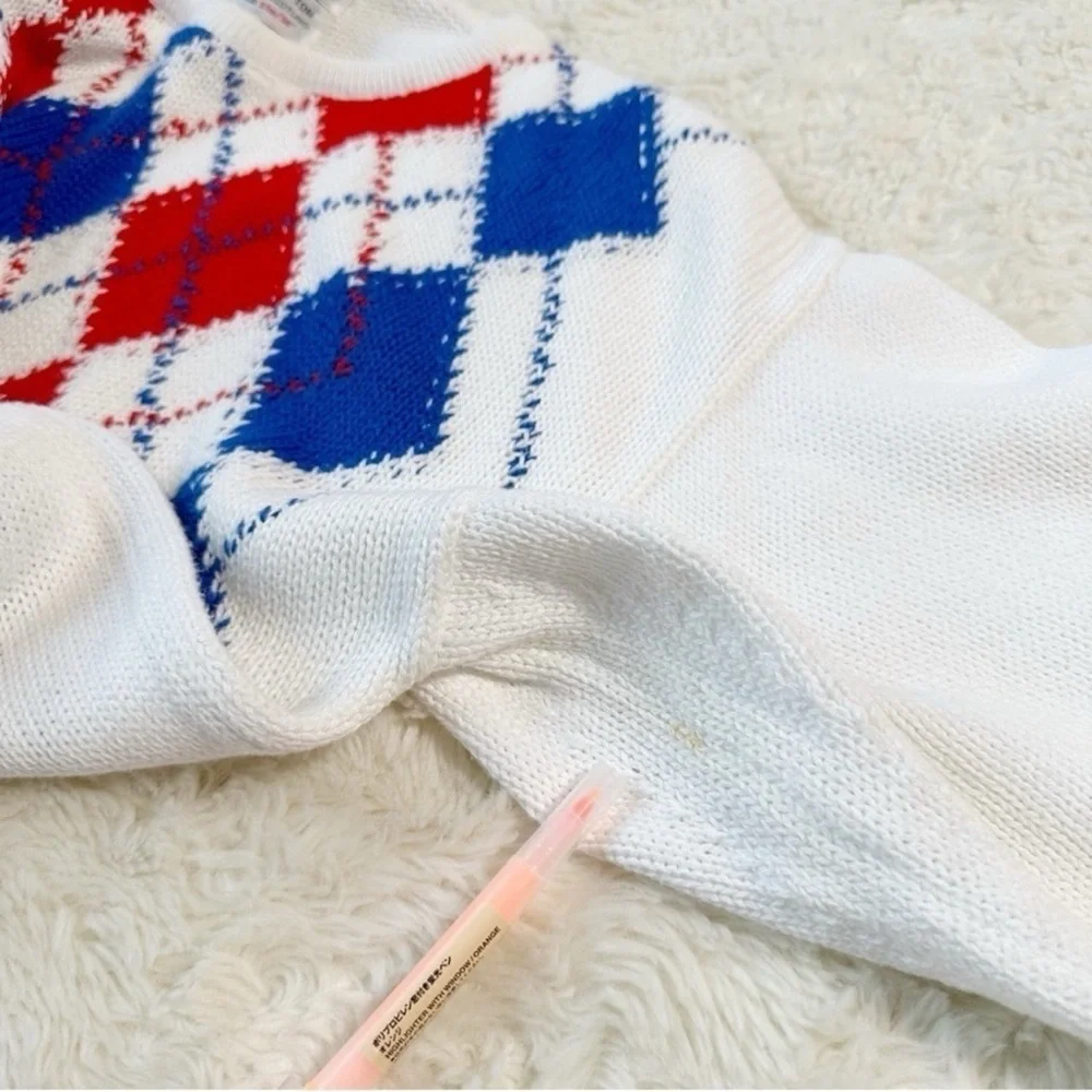 VTG Men White Argyle Cotton Scotland Crewneck Knit Sweater SMALL Classic Country - Picture 9 of 9
